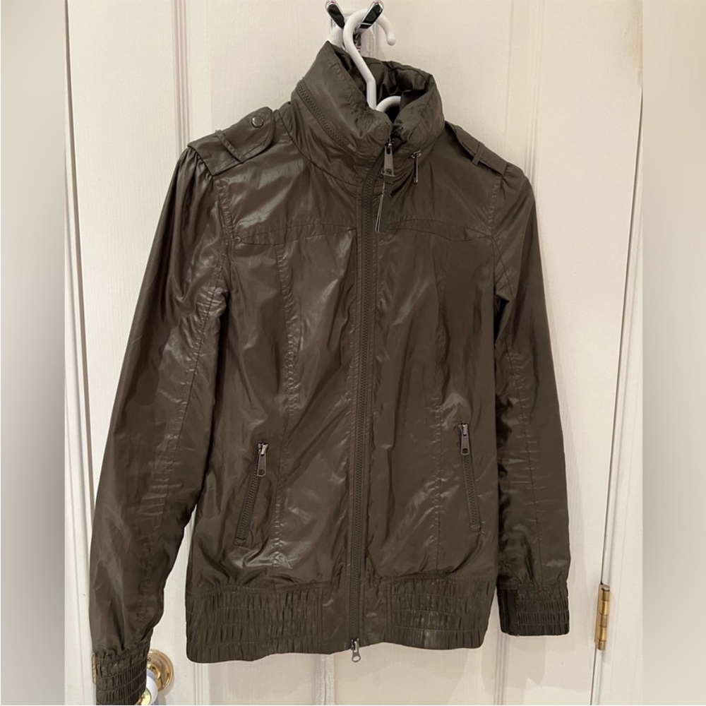 Mackage Perla green packable rain jacket with foldable hood